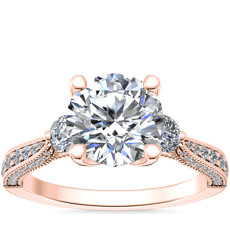 Realeza Three-Stone Milgrain Diamond Engagement Ring in 14k Rose Gold (1/2 ct. tw.)